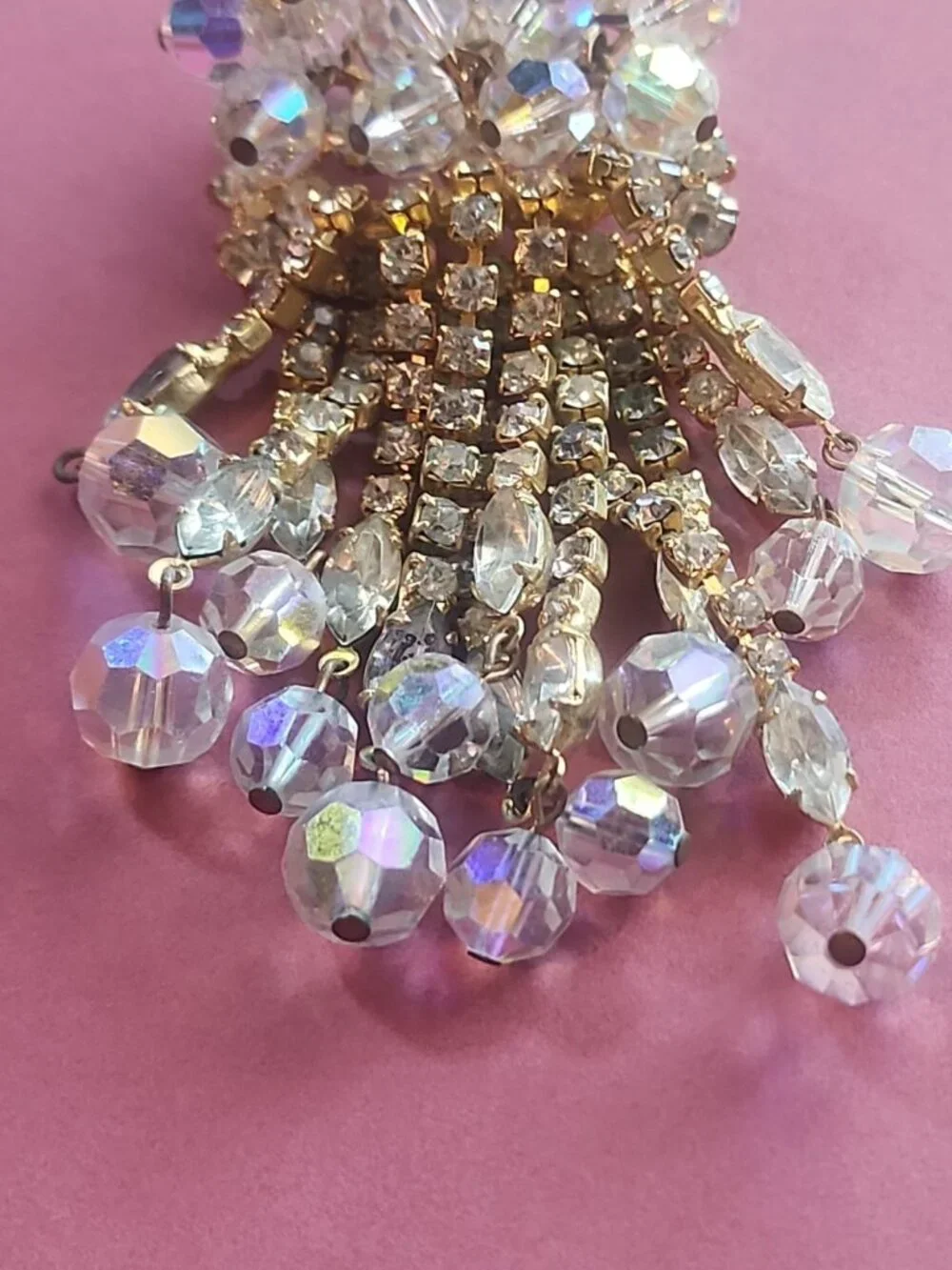 Vintage 1950s Aurora Borealis Crystal Waterfall Brooch - 12-Strand Tassel Pin